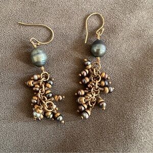 Boho Cluster Dangle Earrings Mixed Metal Bronze Pearl Gypsy Ocean Drop Chic